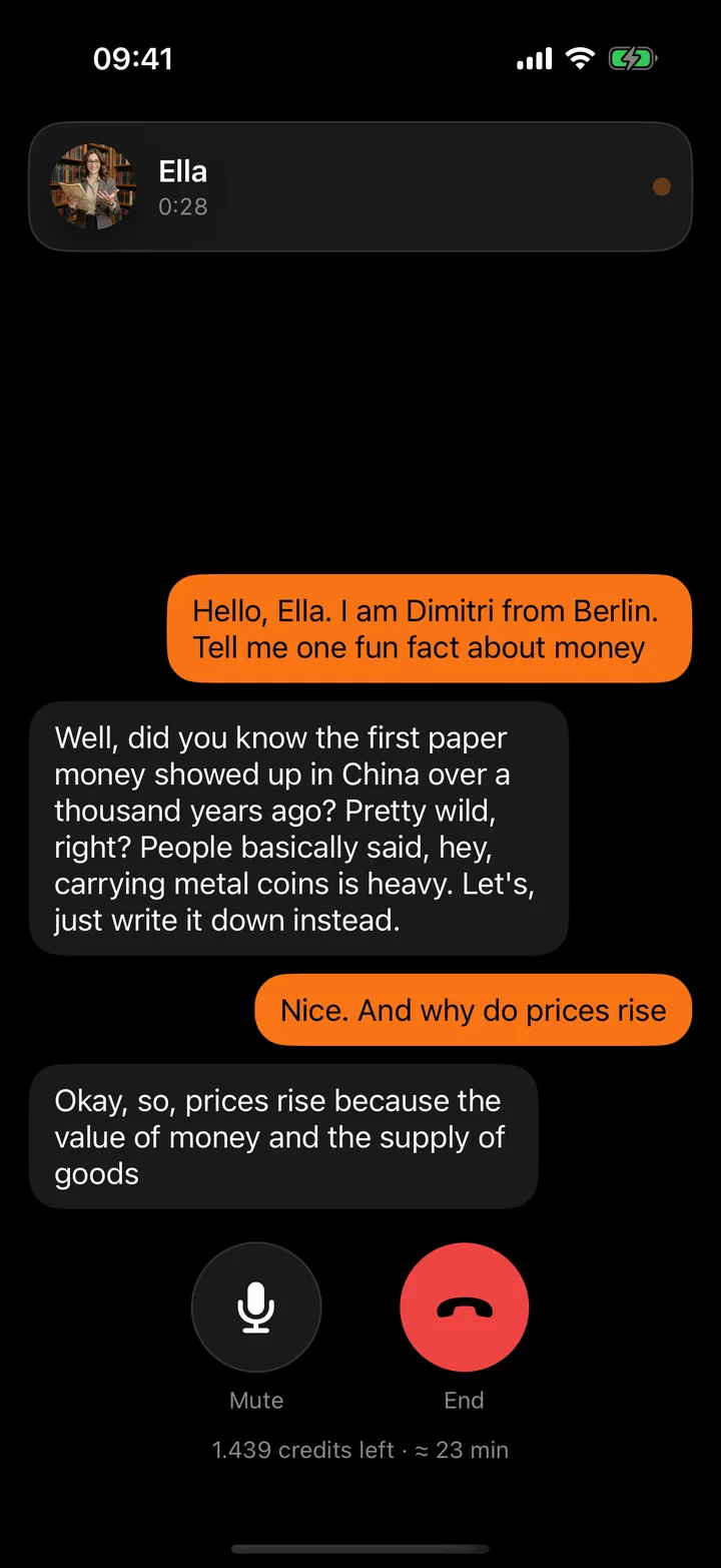 A call in the Breezy app: Ella at the top with a running timer, the conversation underneath as bubbles, a mute button and a red end-call button, and the credits left along the bottom.