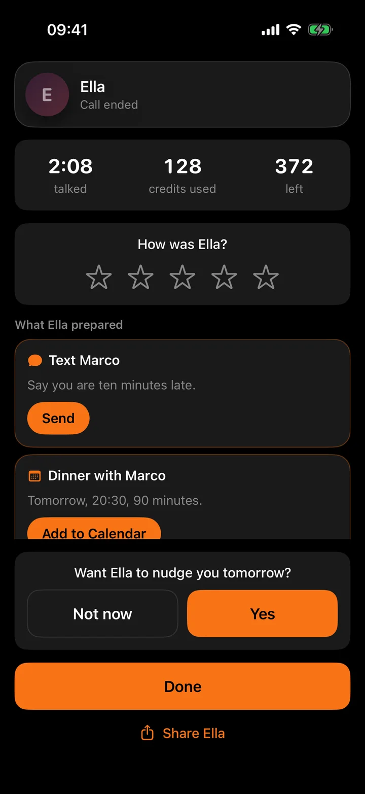 The end of a Breezy call: two minutes talked, credits used and left, a star rating, and the cards the character prepared - a text message with a Send button and a dinner with an Add to Calendar button.